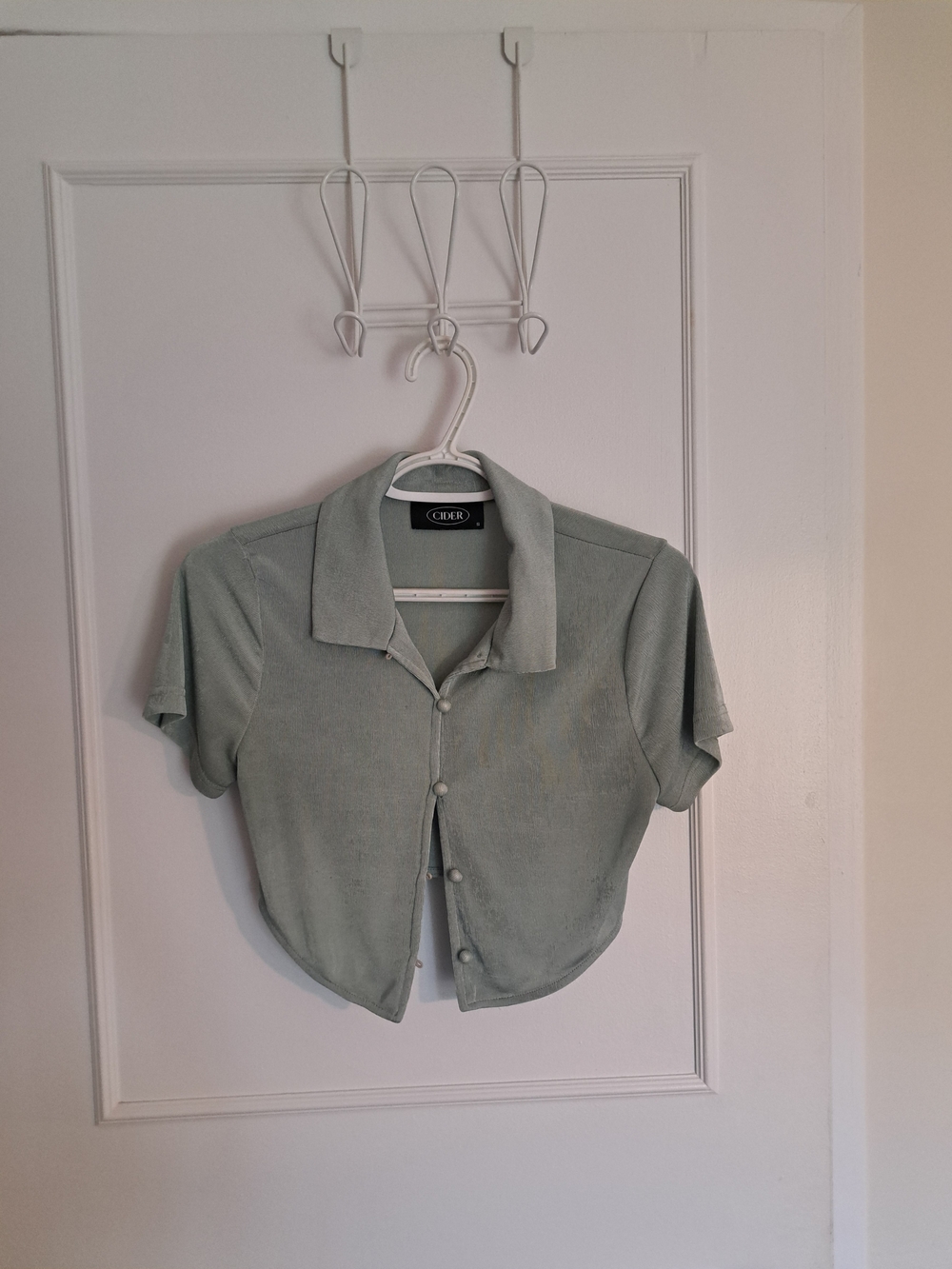 Cider Sage Green Short Sleeve Button-Front Crop Shirt